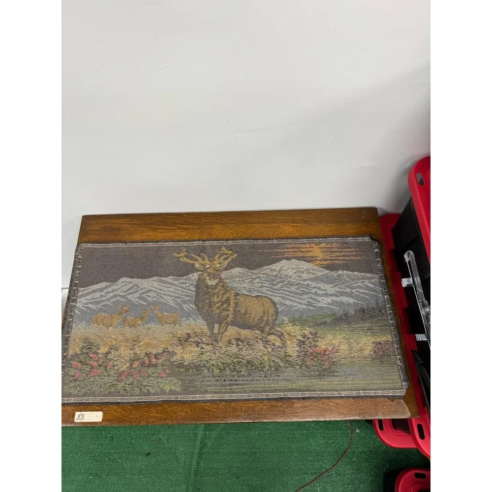 Vintage Elk Deer Mountain‎ Pictorial Rug Wall Hanging 20x39 Multicolor Lodge